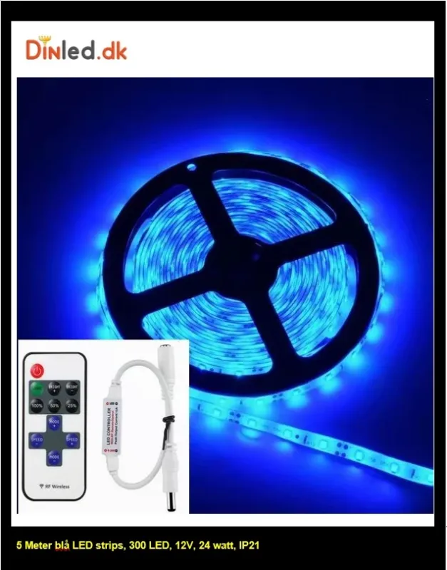 UDSALG - 5 meter BLÅ, 12 volt, 24 watt, P20, 300 LED, Led strip - Dinled - LED STRIP