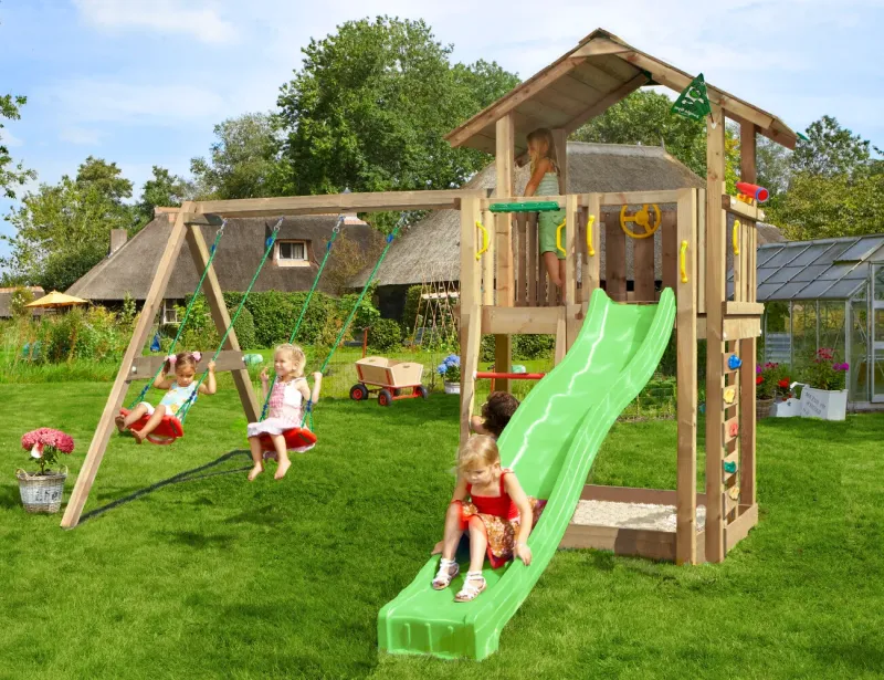 Jungle Gym - Legetårn Jungle Gym Chalet 2.1 m/2-Swing Module 220 og grøn rutschebane