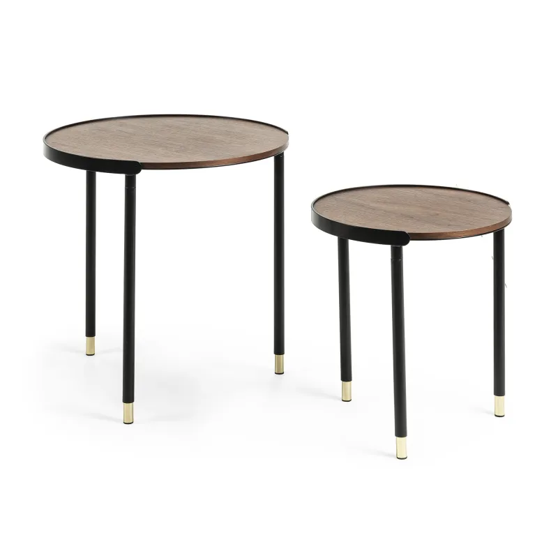 KAVE HOME Aliner sidebord - brun/sort valnøddefinér/metal, rund (sæt á 2)