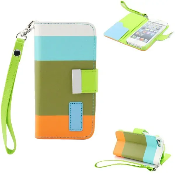 Læder cover m kreditkortholder til iPhone 5/5S.Blå/Khaki/Orange.