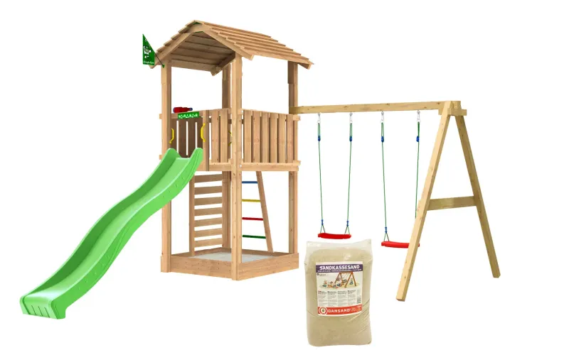 Jungle Gym - Legetårn Jungle Gym Cottage 2.1 m/2-Swing Modul 220, grøn rutschebane og 120 kg sand