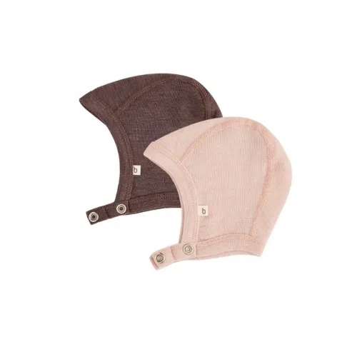 Baby Hjelm Med Trykknapper I 100% Økologisk Merino Uld, Tyk Kvalitet - 2 Lag Stof, 2-pak 62/68 Rose Melange