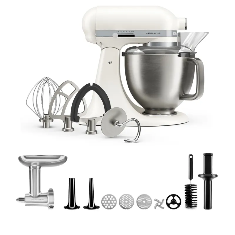 Kitchenaid Artisan Plus køkkenmaskine med kødkværn, 4,7 liter, porcelain white