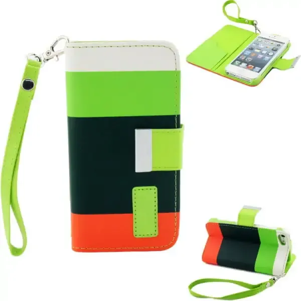 Læder cover m kreditkortholder til iPhone 5/5S.Grøn/Grøn/Orange.