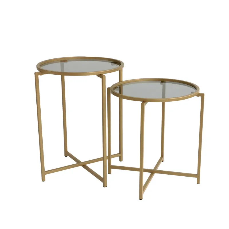 NORDVÄRK S406 sofabord - røgfarvet glas og guld metal (sæt med 2)