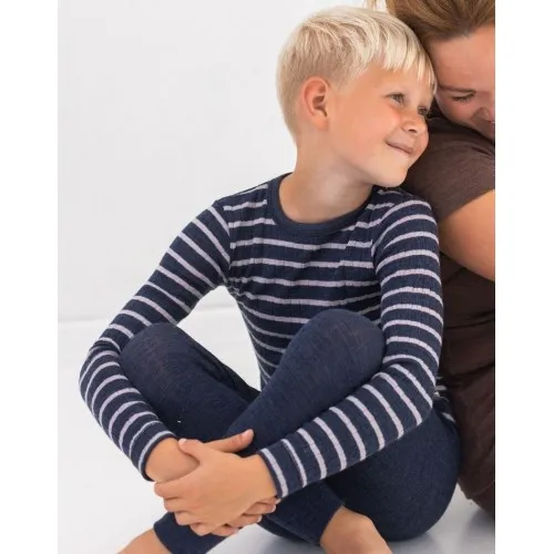 Langærmet T-shirt I Rib, 100% Merino Uld, Oeko-tex® 98/104 Navy/nature Melange