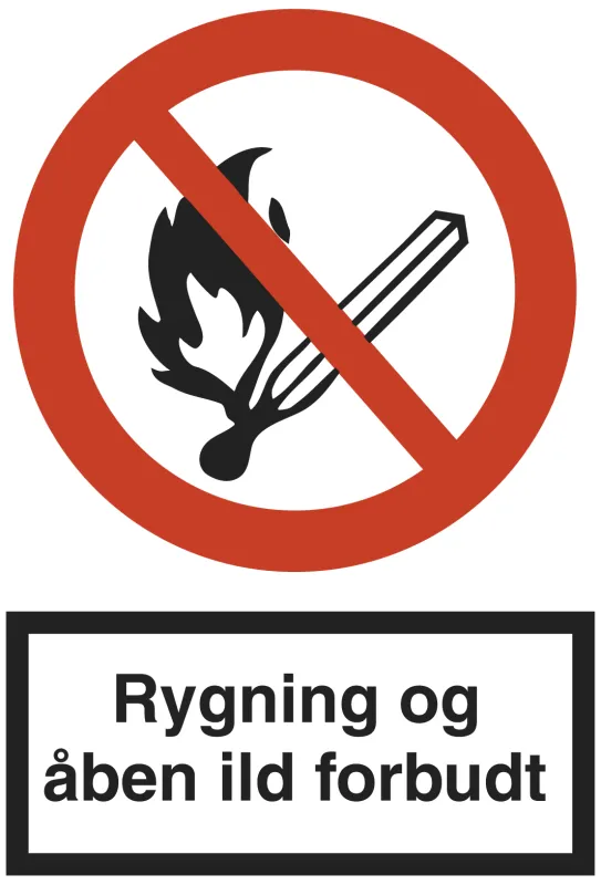 Skilt 'rygning og åben ild forbudt' vinyl A5