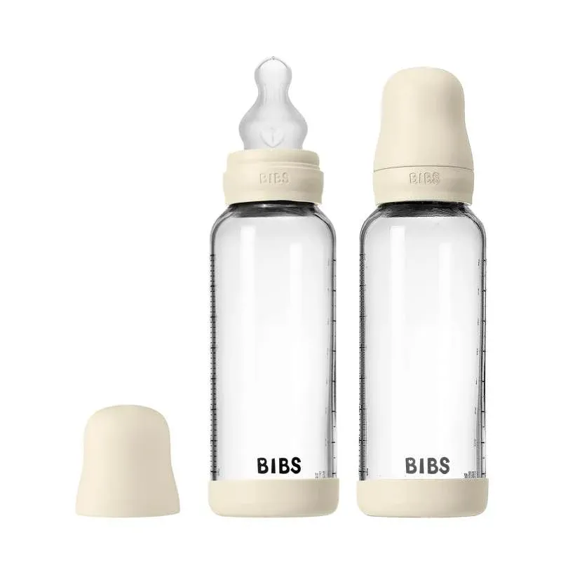 BIBS Bottle - Sutteflaskesæt - Glas - 2-pak - Silikone/Slow Flow/Rund - 240ml - Ivory