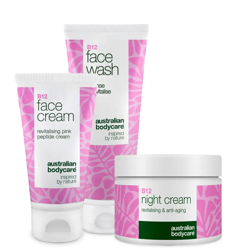 B12 Hudplejesæt mod rødme  -  Ansigtsrens, dag- og natcreme â B12 hudpleje til rødme og tendens til rosacea. Rens, dagcreme og natcreme der beroliger og fugter.