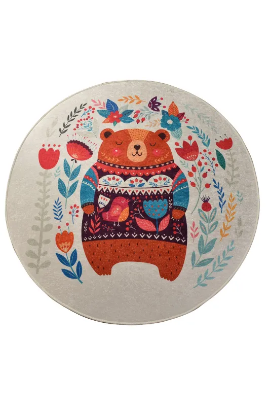TEPPI Sweet Bear gulvtæppe til børn, rund - multifarvet polyester (Ø140)
