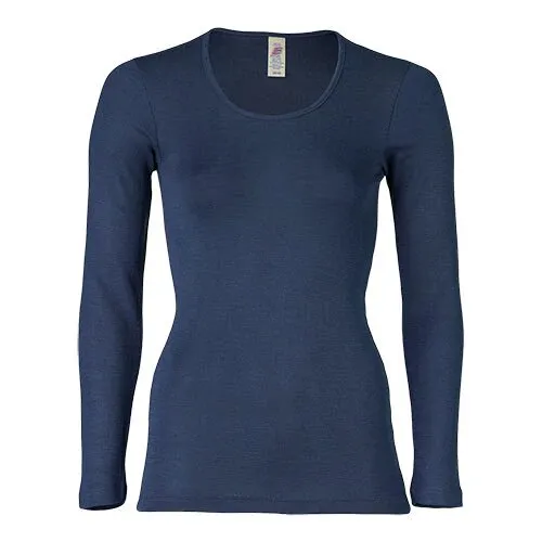 Langærmet bluse, uld/silke, Navy, str. 42/44