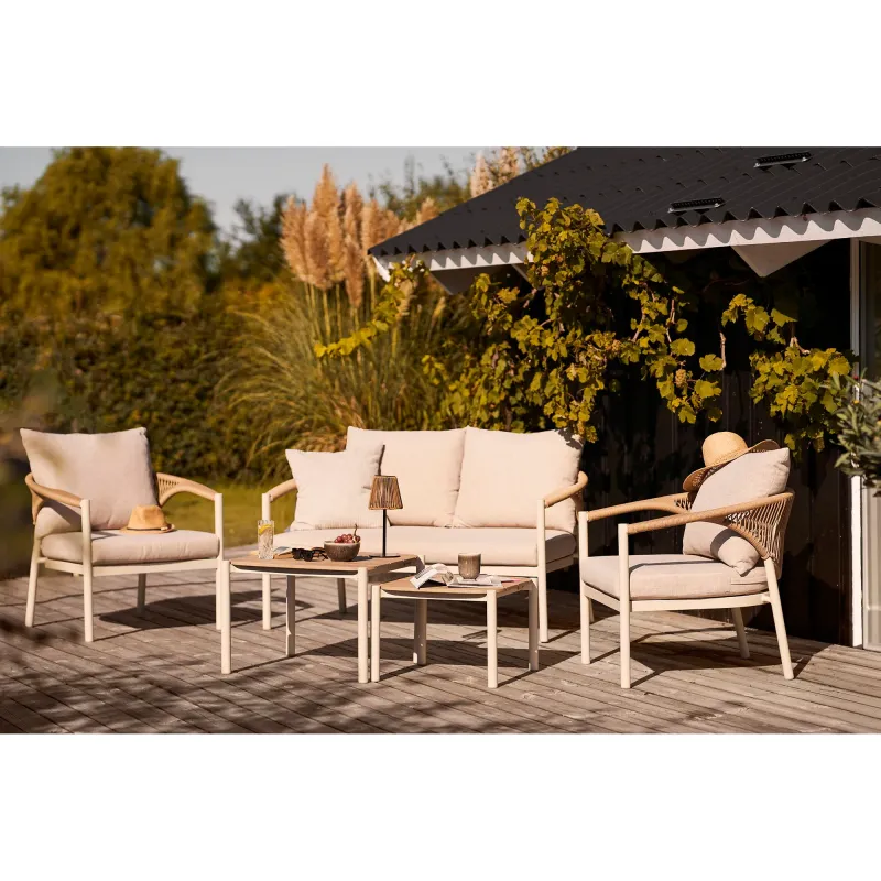 House Nordic - Abela Loungesæt Aluminium/Nonwood Sand/Natur - 2-pers. Sofa, 2 Stole, 2 Borde inkl. Hynder