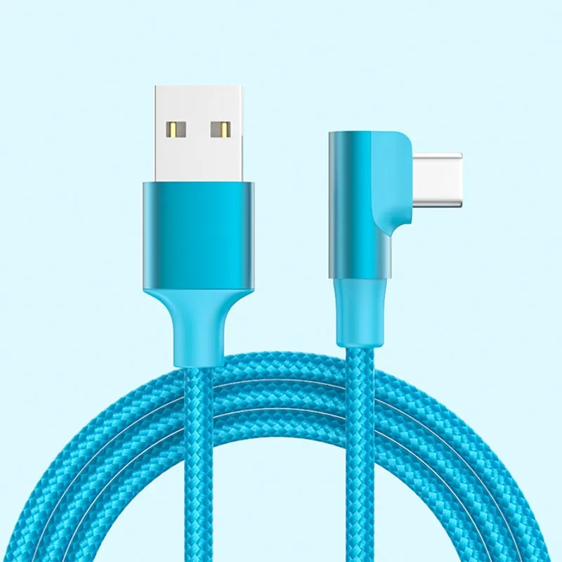USB-C til USB-A Kabel  -  Flettet, USB-C Stik Vinklet 90° Opladnings- og Datakabel 1m (Turkisblå)