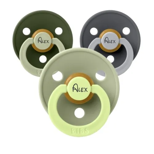 Bibs Studio Line, Str. 1 (0-6 Mdr.), Rund - Latex, Sutter Med Navn, 3-pak