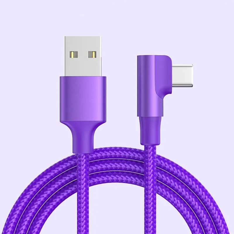 USB-C til USB-A Kabel  -  Flettet, USB-C Stik Vinklet 90° Opladnings- og Datakabel 1m (Lilla)