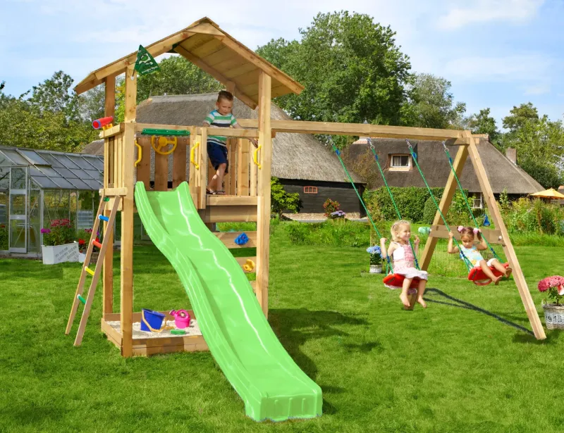 Jungle Gym - Legetårn Jungle Gym Sierra 2.1 m/2-Swing Module 220 og grøn rutschebane