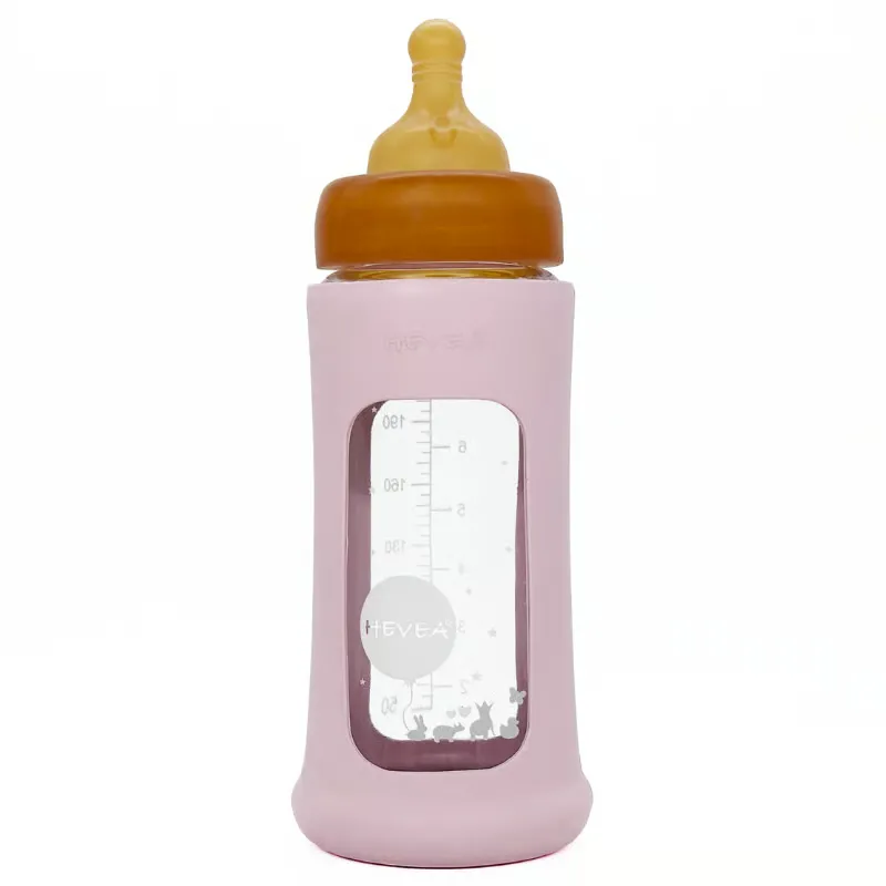Hevea Baby Sutteflaske I Glas Med Cover Powder pink  (250 ml)