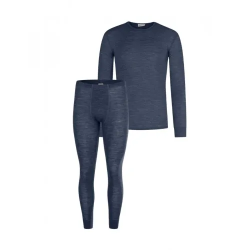 Herresæt I 100% Merino Uld  -  Langærmet T-shirt Og Longjohns Navy Melange S