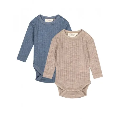 Rib Body Med Rund Hals Og Knapper I 100% Merino Uld, Oeko-tex®, 2-pak 56 Beige - Blue Melange
