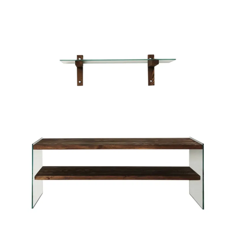 NORDVÄRK TV104 TV-bord, m. 1 væghylde og 1 hylde - glas og valnøddefarvet fyrretræ (120x35)