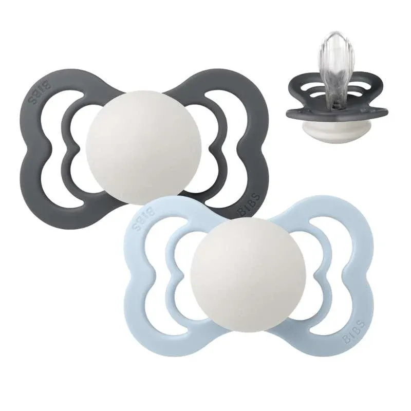 BIBS Symmetrisk Supreme Sut - 2-Pak - Str. 2 - Silikone - GLOW - Iron/Baby Blue
