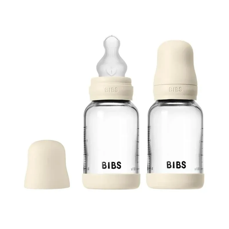BIBS Bottle - Sutteflaskesæt - Glas - 2-pak - Silikone/Slow Flow/Rund - 120ml - Ivory