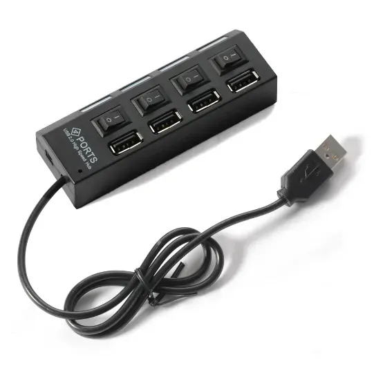 Sort 4-Ports USB 2.0 Hi-Speed Hub. Med On/Off knapper.