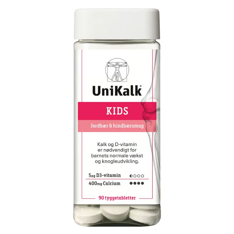 UniKalk Kids Jordbær/Hindbær (90 tyggetabletter)