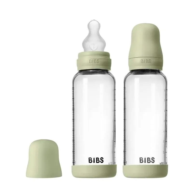 BIBS Bottle - Sutteflaskesæt - Glas - 2-pak - Silikone/Slow Flow/Rund - 240ml - Sage
