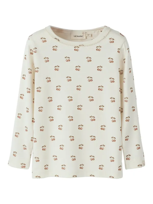 Lil Atelier Layo Sig LS Slim Top - Coconut Milk/Cherry - 92 cm