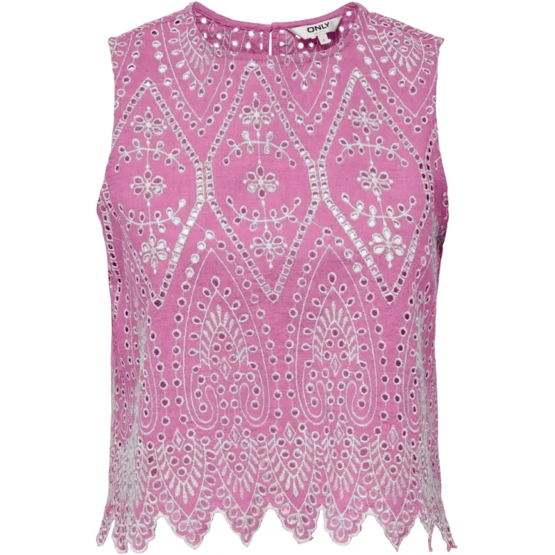 ONLY dame top ONLTULUM - Fuchsia Pink BRIGHT WHITE EMB.
