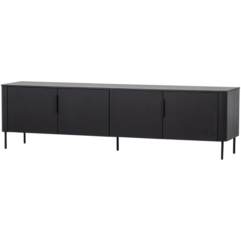 WOOOD Gunnar TV-bord, m. 4 låger og 2 hylder - matsort fyrretræ og metal (200x44)