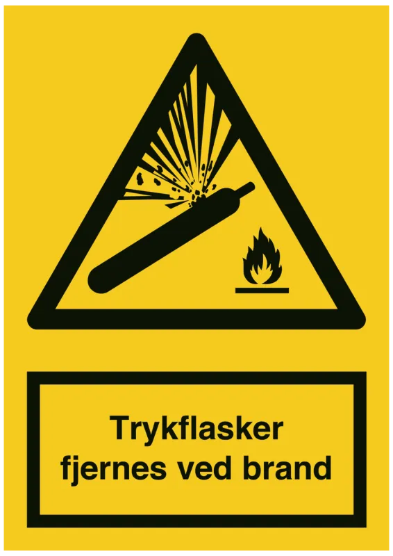 Advarselsskilt "Trykflasker fjernes v/brand" , plast A4