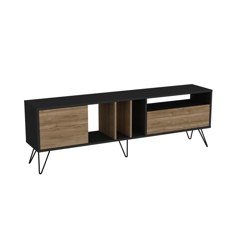 NORDVÄRK Mistico TV-bord, m. 2 låger og 4 rum - valnøddefarvet og sort melamin og metal (180x35,5)