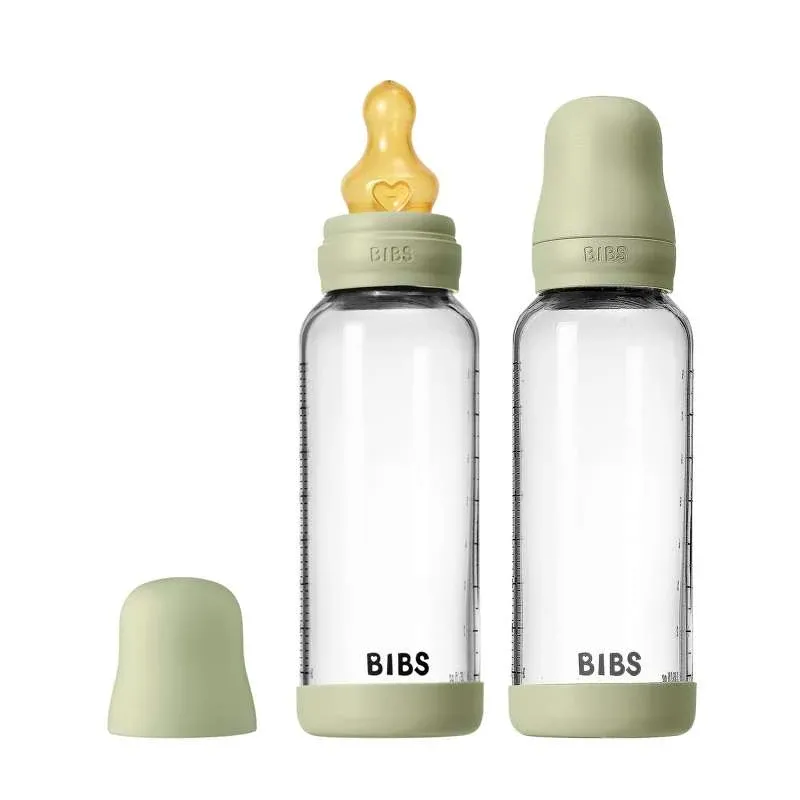 BIBS Bottle - Sutteflaskesæt - Glas - 2-pak - Naturgummi/Slow Flow/Rund - 240ml - Sage