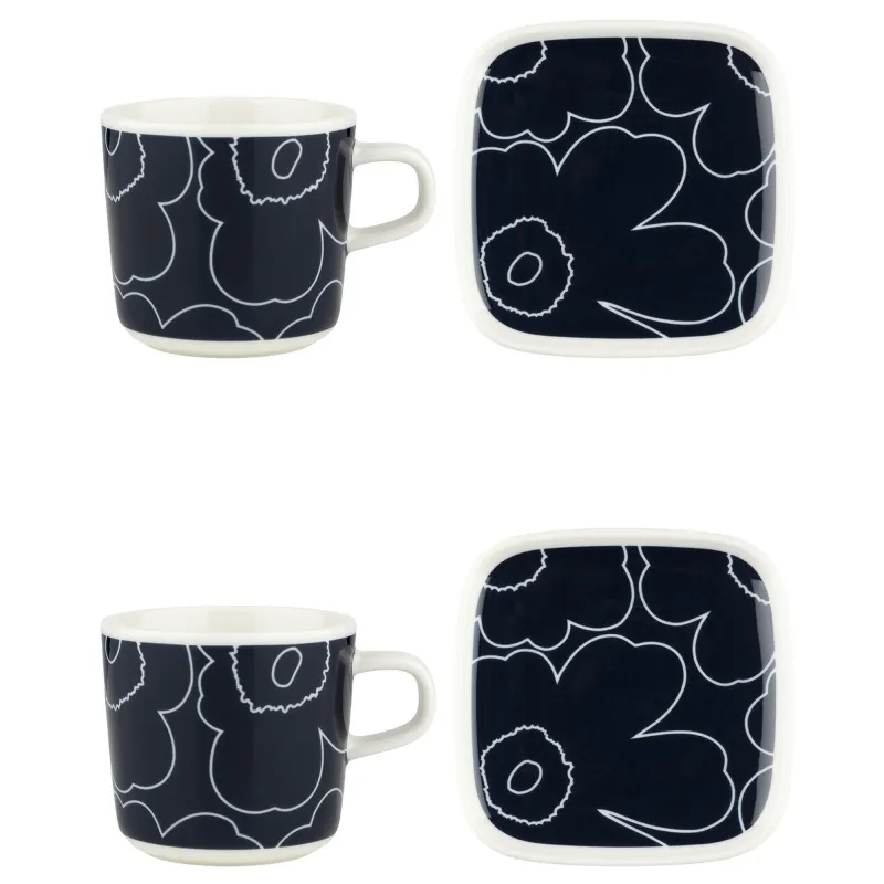 Marimekko Unikko kaffekop med underkop, blå/hvid, 4 stk.