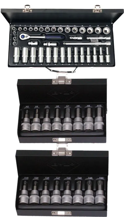 BATO Kombi pakke. Topnøglesæt 6-24mm 3/8", stifttopsæt 3-10mm 3/8", stifttopsæt Torx 15-50 3/8". 54 dele