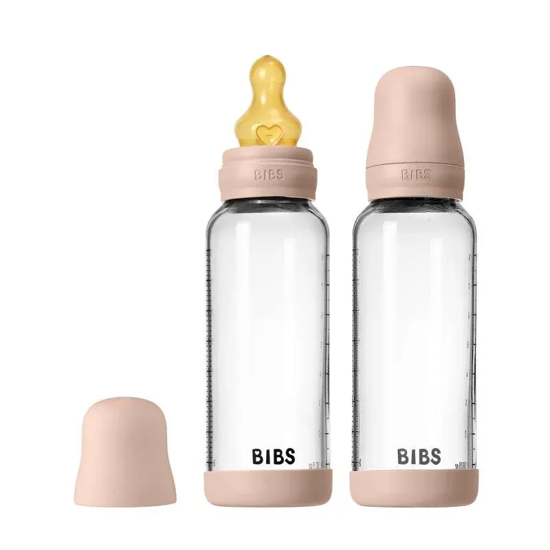 BIBS Bottle - Sutteflaskesæt - Glas - 2-pak - Naturgummi/Slow Flow/Rund - 240ml - Blush