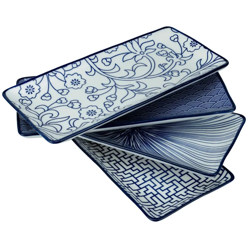 Mareld Akio rektangulær tallerken 25x12 cm, blå/hvid, 4 stk.