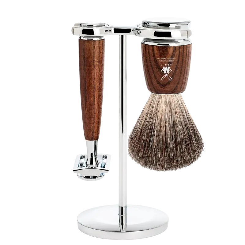 Mühle Barbersæt: DE-Skraber, Pure Badger Barberkost og Holder, Rytmo, Ask (1 sæt)