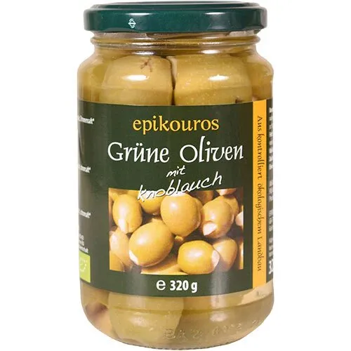 Oliven Grønne m. hvidløg Øko. - 320 gram