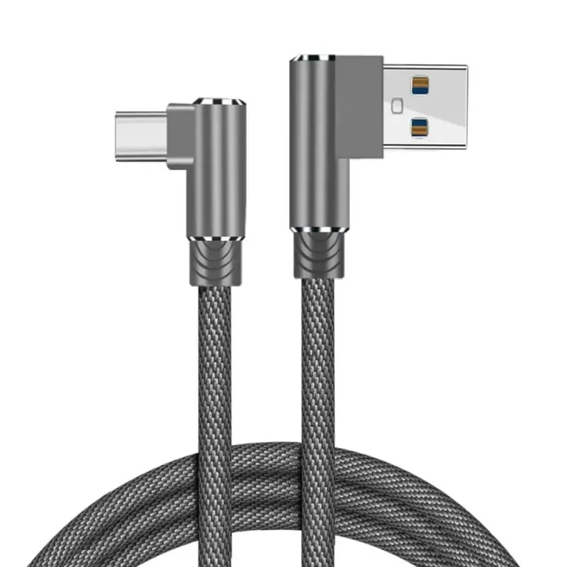 USB-C til USB-A Kabel  -  Flettet, Begge Stik Vinklet 90°, 3m (Grå)