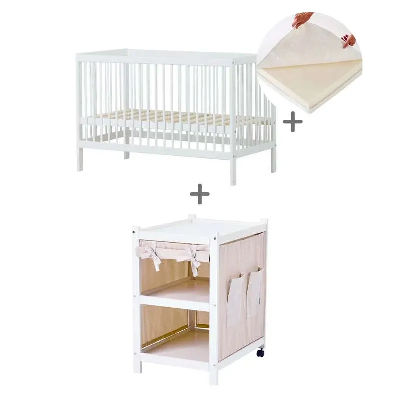 Hoppekids IDA-MARIE Bundle - Babyseng m. Hørmadras og IDA-MARIE Puslebord m. Forhæng - Sand