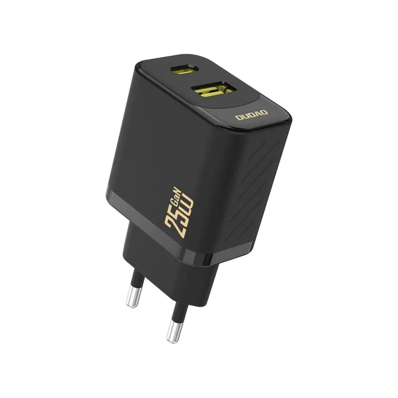 Dudao A26T GaN Adapter 25W. Hurtig Dual oplader med USB-C og USB-A. Sort
