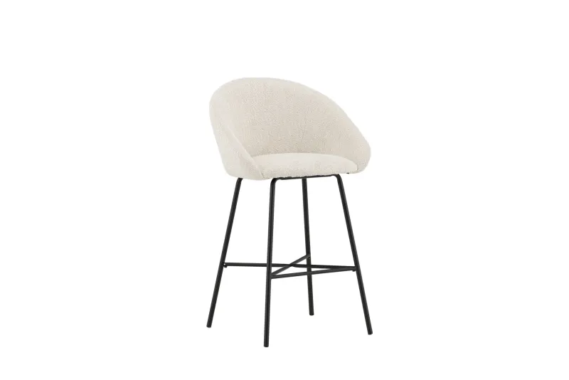 VENTURE DESIGN Velvet barstol, m. ryglæn og fodstøtte - hvid/creme bamsestof og sort stål