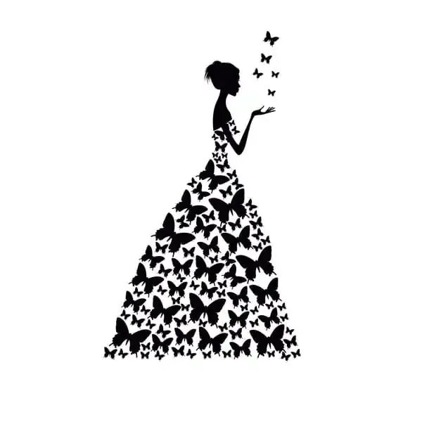 Pige med sommerfuglekjole wallsticker. 89x58 cm. Sort.