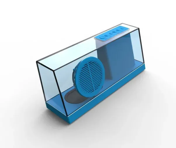 OUTLETVARE: Transparent Bluetooth højttaler med FM-radio mm. Blå.
