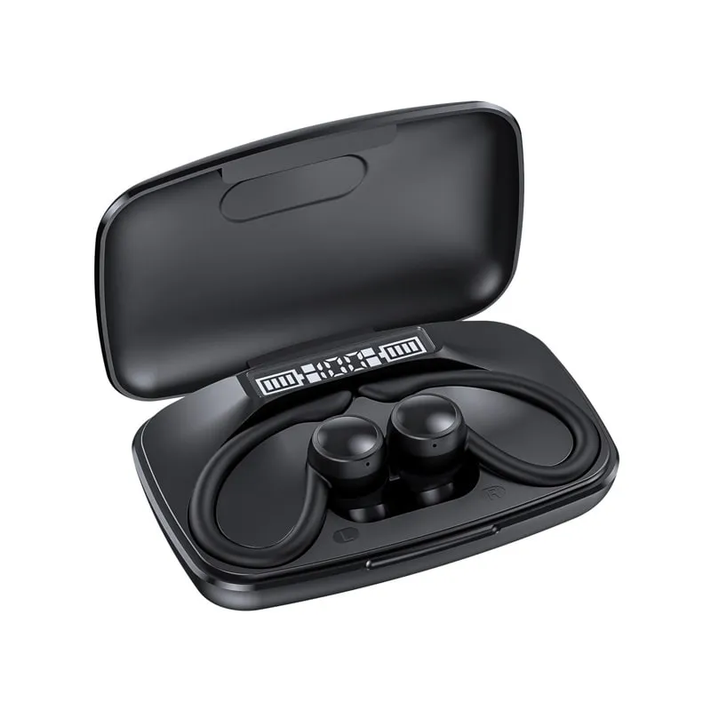 True Wireless Bluetooth T82 Høretelefoner med ørekrog. Ægte TWS og Opladningsetui. Sort