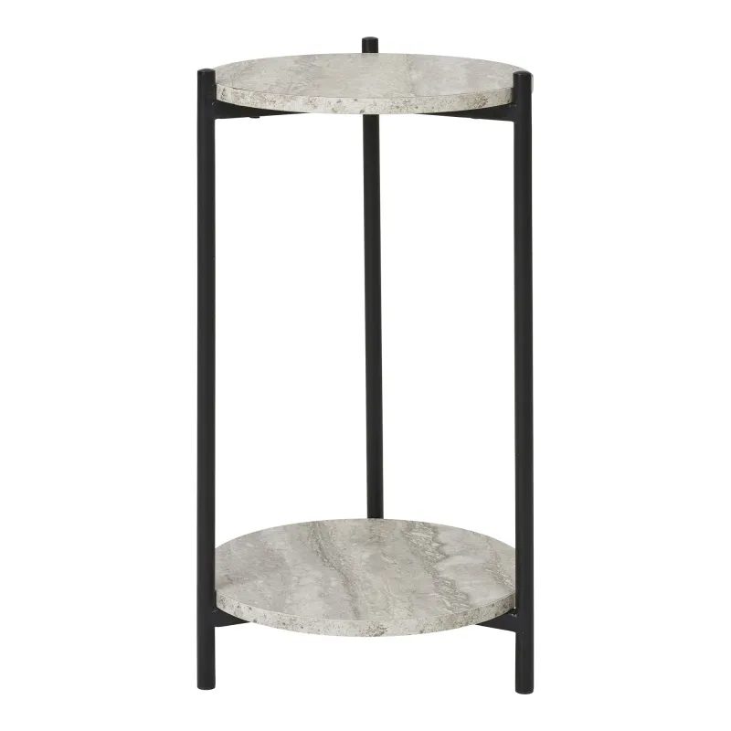HOUSE NORDIC Leuven sidebord, m. 1 hylde, rund - beige MDF med travertin look og sort stål (Ø27)
