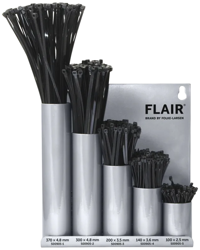 Flair kabelbindere, sortiment i metal-vægdisplay